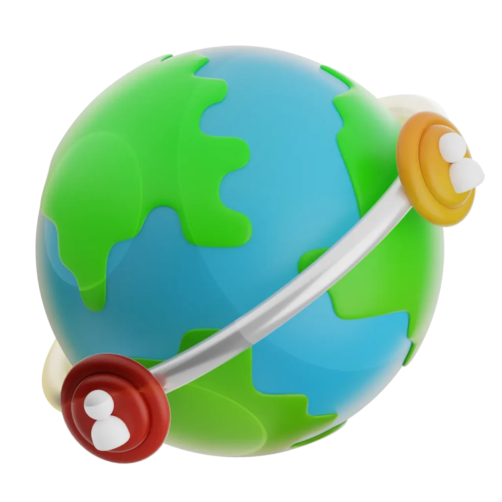 Earth with two people icons connected by bridge