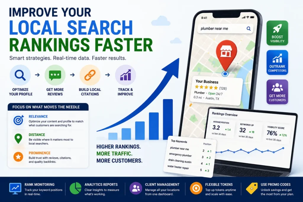 Phone showing business page on maps with lots of clutter about SEO topics with the caption Improve your local search rankings faster