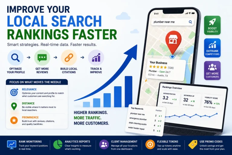 Phone showing business page on maps with lots of clutter about SEO topics with the caption Improve your local search rankings faster