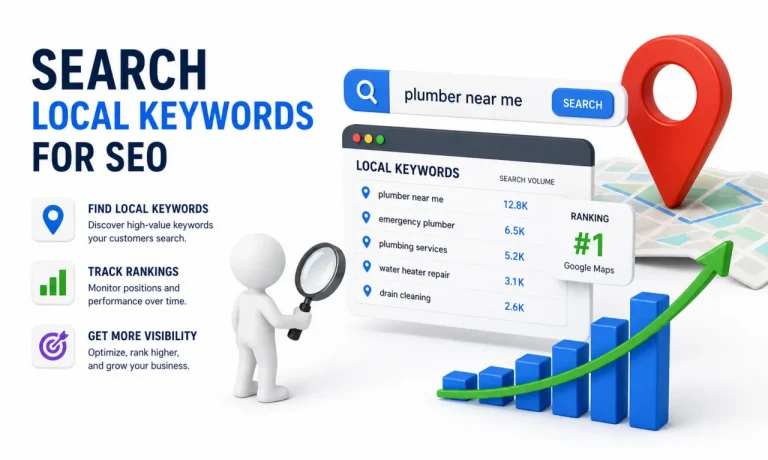 Guy with big magnifying glass looking at stats for local keywords with the title Search local keywords for SEO