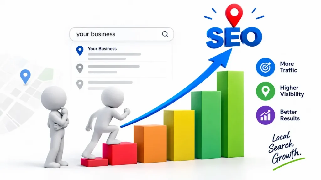 Man climbing chart with arrow pointing up towards SEO