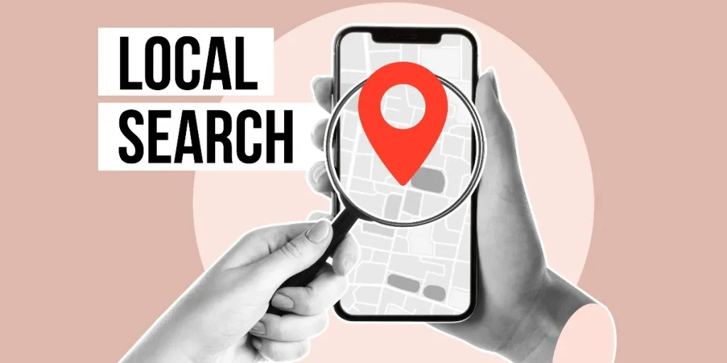 Hands holding phone and using magnifying glass to show a map with the title Local search