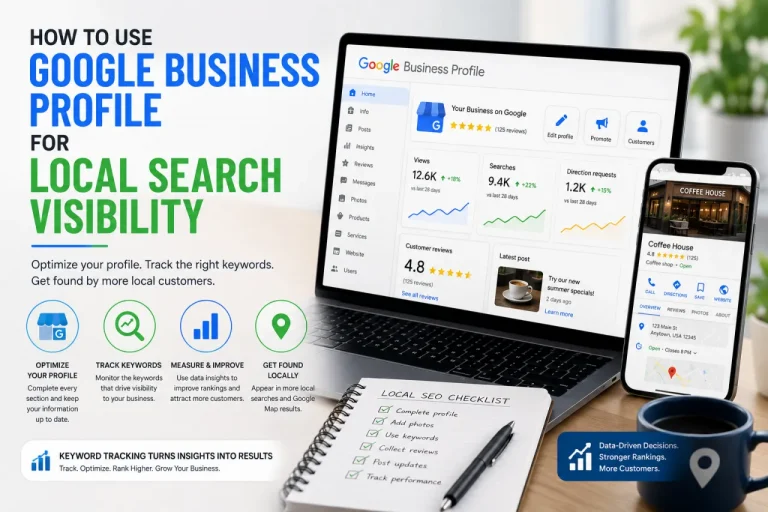 Laptop showing google my business profile with title How to use google business profile for local search visibility