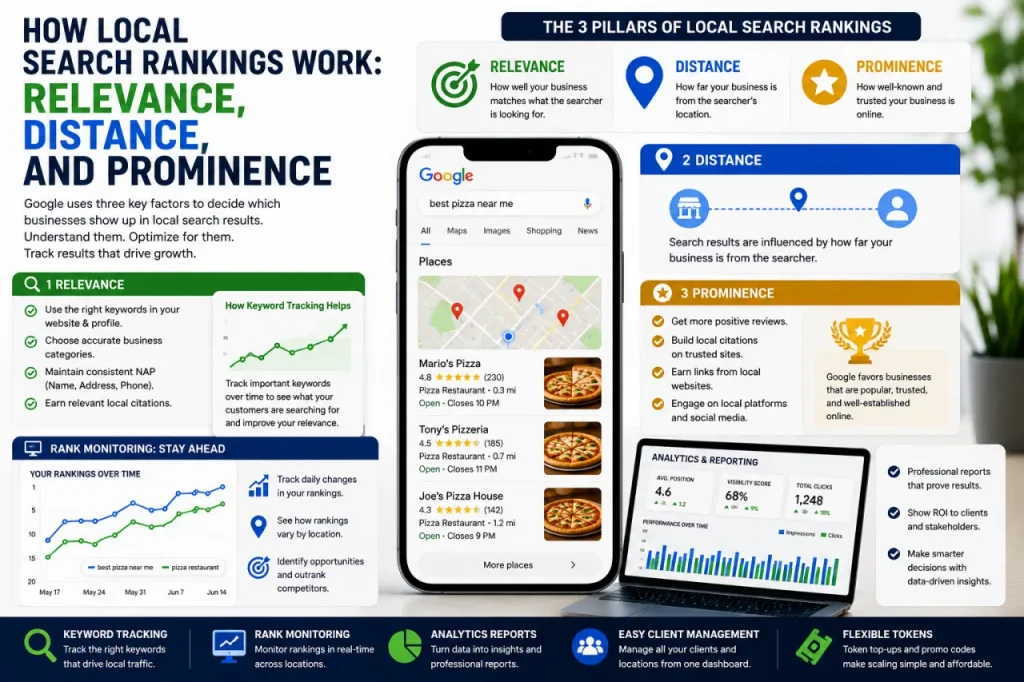 Phone showing nearby pizza places on maps with SEO topics cluttered around with the title How local search rankings work: Relevance, distance, and prominence