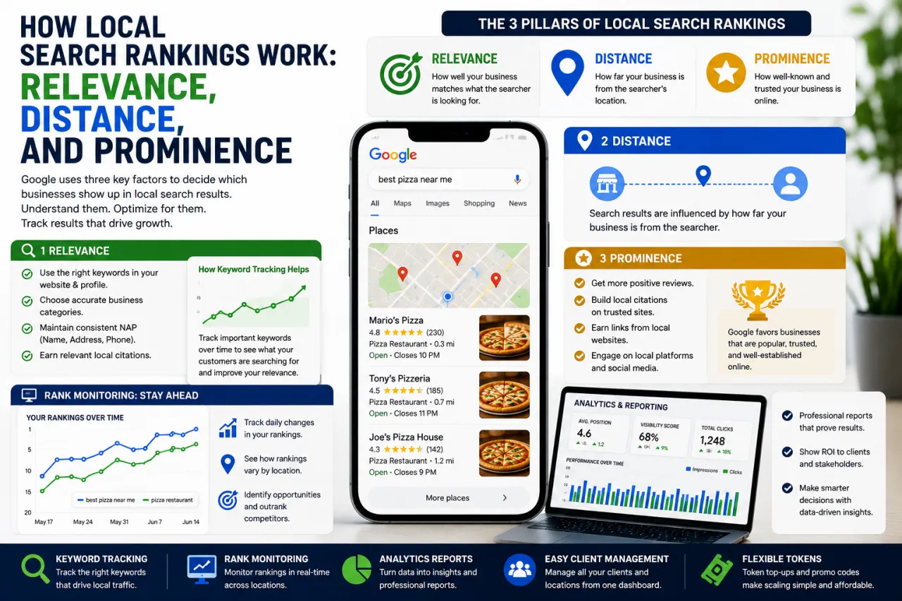 Phone showing nearby pizza places on maps with SEO topics cluttered around with the title How local search rankings work: Relevance, distance, and prominence
