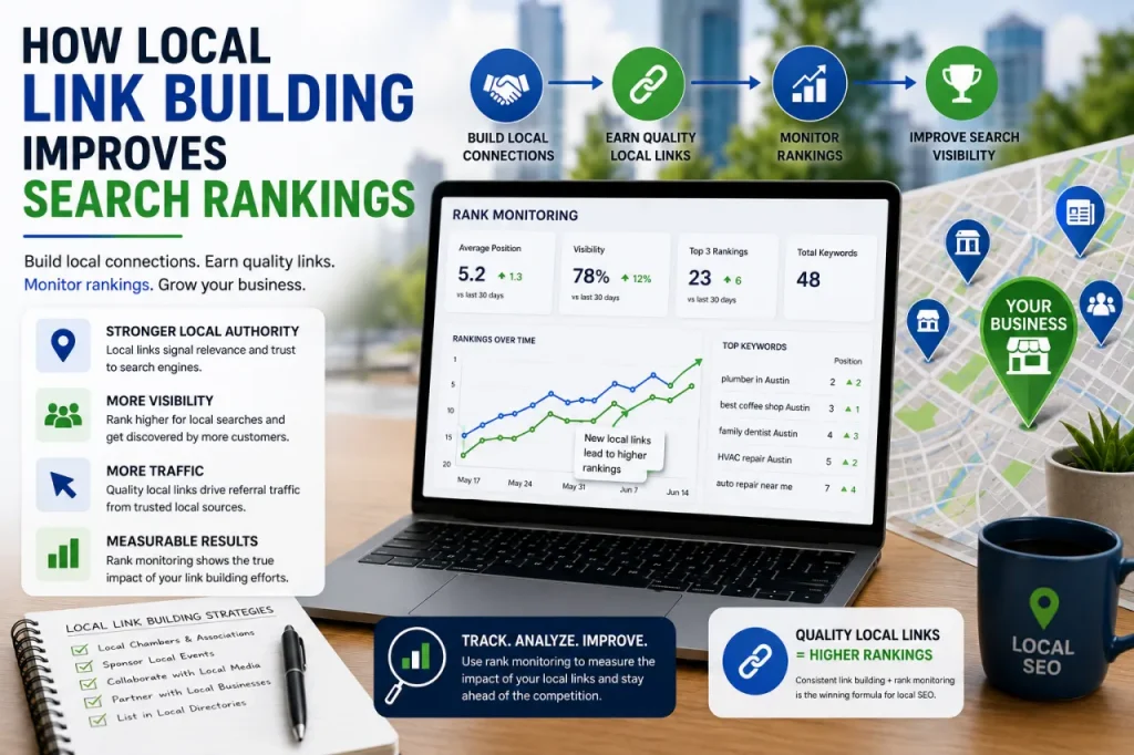 Laptop with rank monitoring chart with other SEO clutter, with the title how local link building improves search rankings