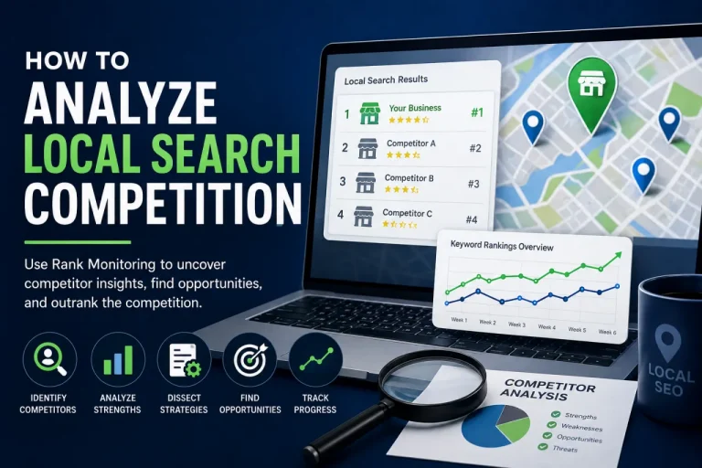 Laptop showing local search results with title How to analyze local search competition