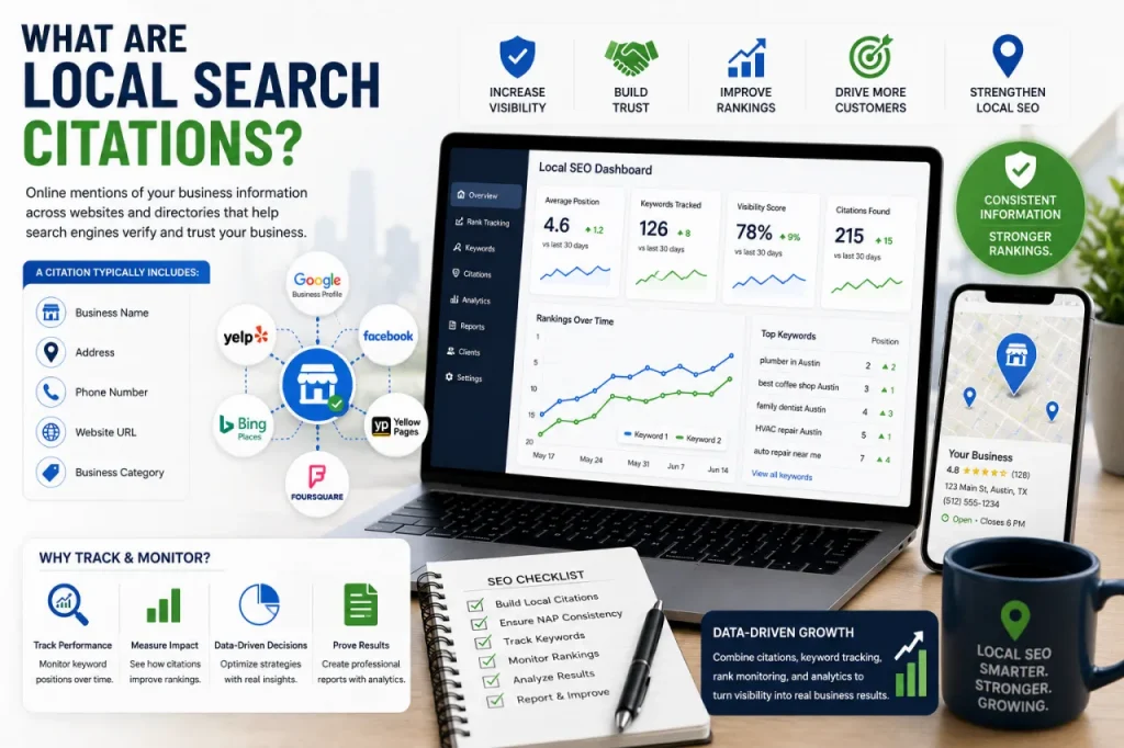 Laptop showing local SEO charts with the title What are local search citations