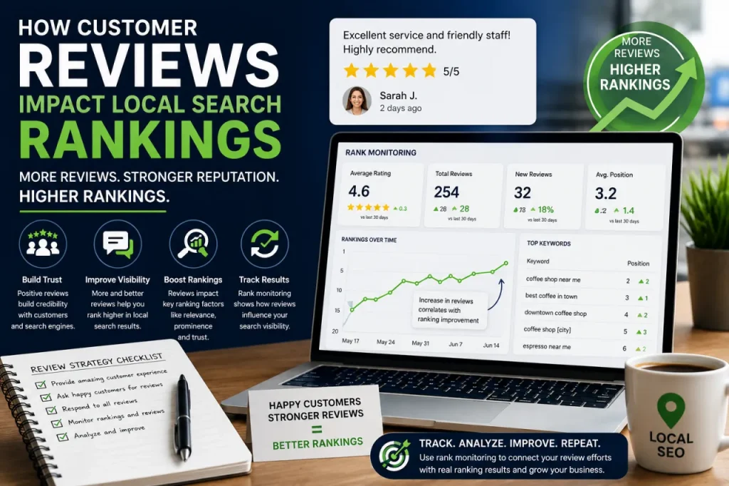 Laptop showing rank monitoring chart with title How customer reviews impact local search rankings