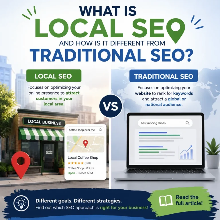 Infographic comparing local SEO and traditional SEO, showing how local SEO targets nearby customers while traditional SEO targets broader audiences.