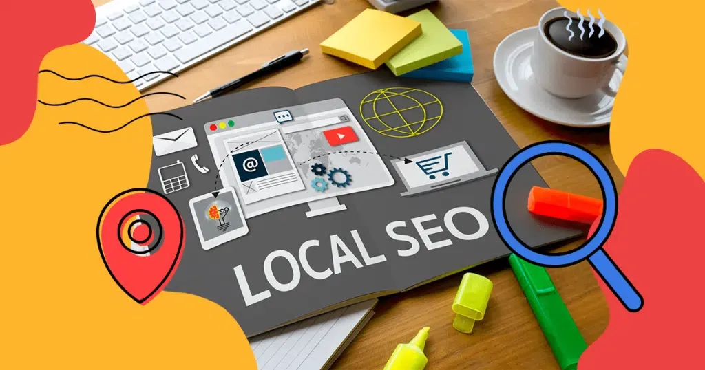 2 yellow illustrated people looking at a black piece of paper that says local seo