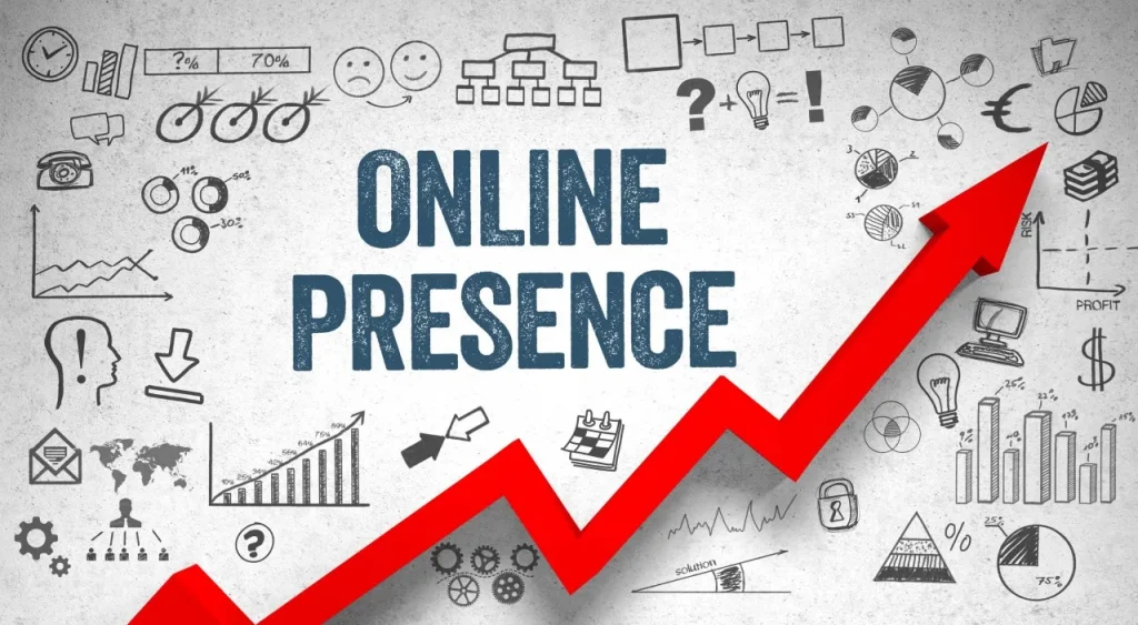 White background with red arrow pointing up with title online presence