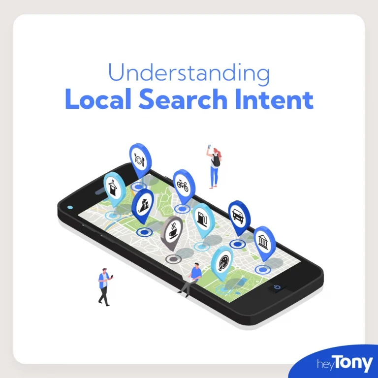 Phone with map showing locations for different things with title Understanding local search intent