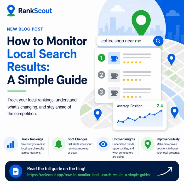 RankScout infographic for monitoring local search results, showing local rankings, ranking changes, search insights, competitor trends, and visibility improvements
