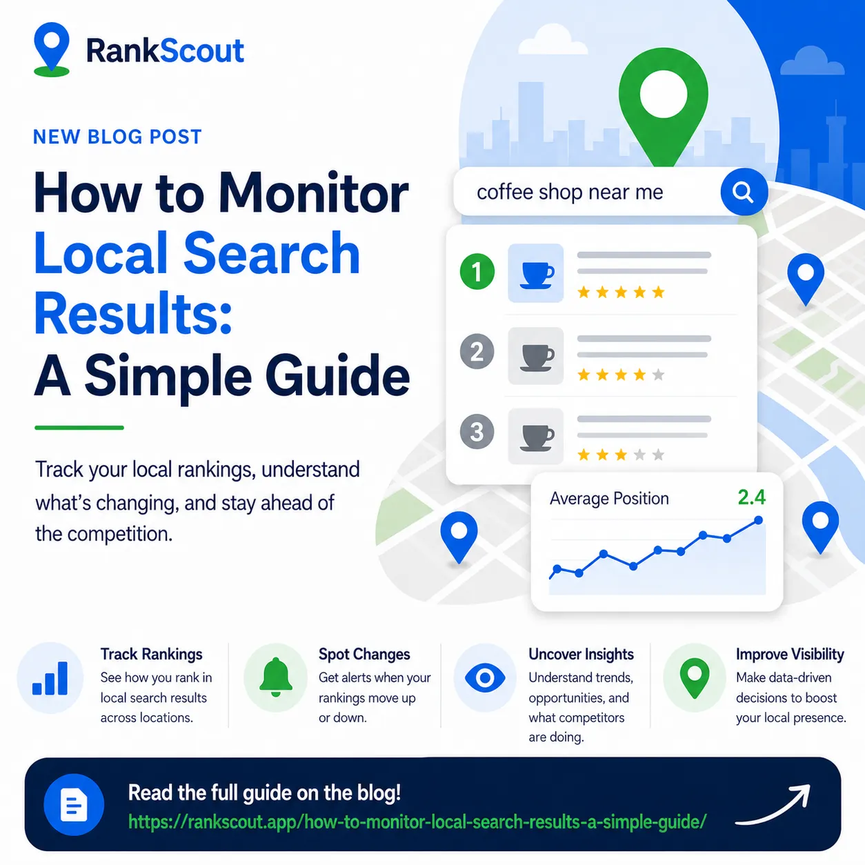 RankScout infographic for monitoring local search results, showing local rankings, ranking changes, search insights, competitor trends, and visibility improvements