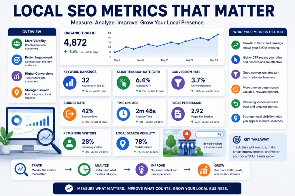 Graphs showing local SEO metrics that matter e.g. Keyword rankings, CTR, Time on pages, bounce rate, etc.