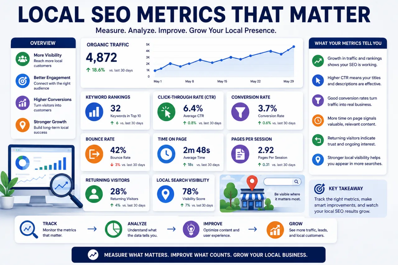 Graphs showing local SEO metrics that matter e.g. Keyword rankings, CTR, Time on pages, bounce rate, etc.