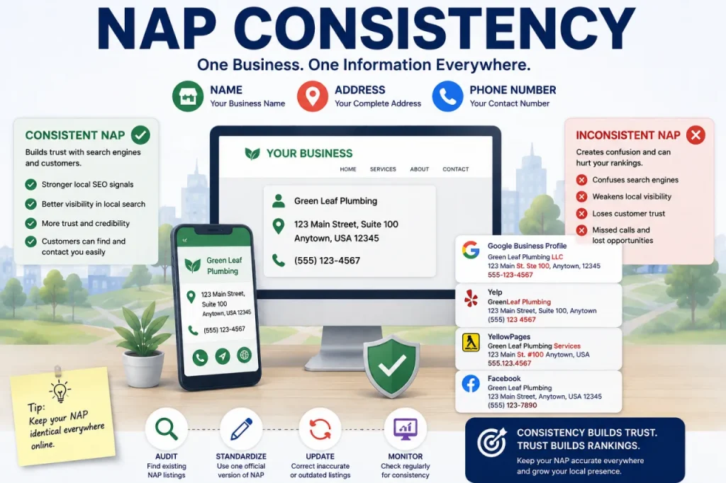 Computer showing business profile with business information with title NAP Consistency one business. one information. everywhere