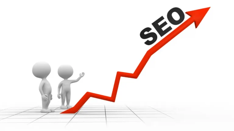 2 white 3D illustrated men with one pointing at a red arrow going up labelled SEO