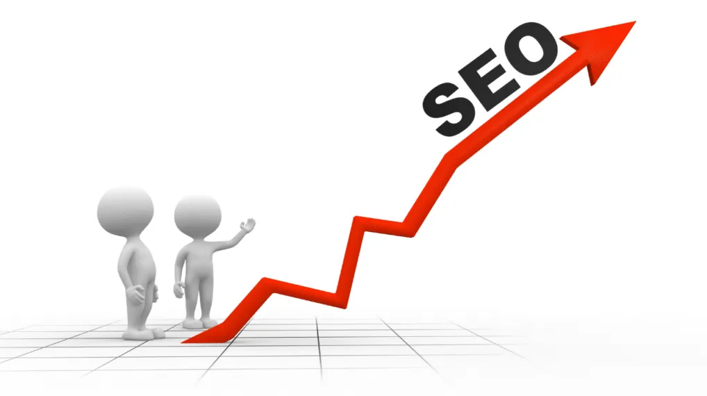 2 white 3D illustrated men with one pointing at a red arrow going up labelled SEO