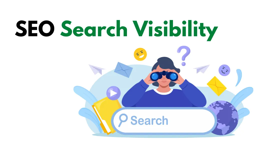Illustration of SEO search visibility, showing a person using binoculars to find information online through a search bar