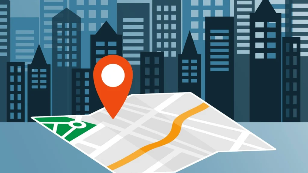 Paper map with pinpoint with city background