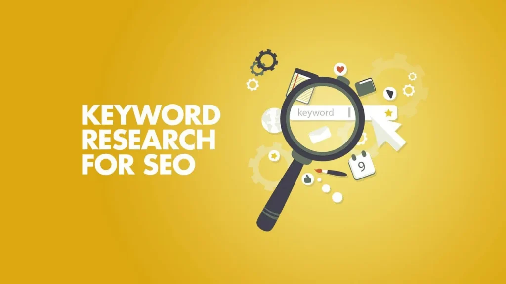 Magnifying glass zooming in on search bar with yellow background with title of keyword research for SEO
