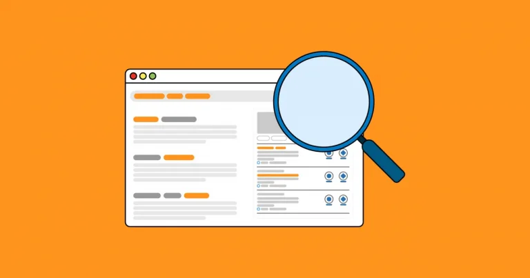 Magnifying glass zooming in on webpage with orange background