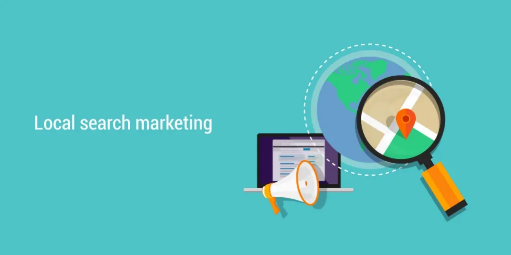 Blue background with globe and magnifying glass with title of Local Search marketing