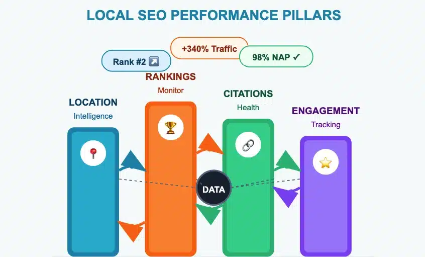 4 Pillars showing location, rankings, citations and engagement with title Local Seo Performance Pillars