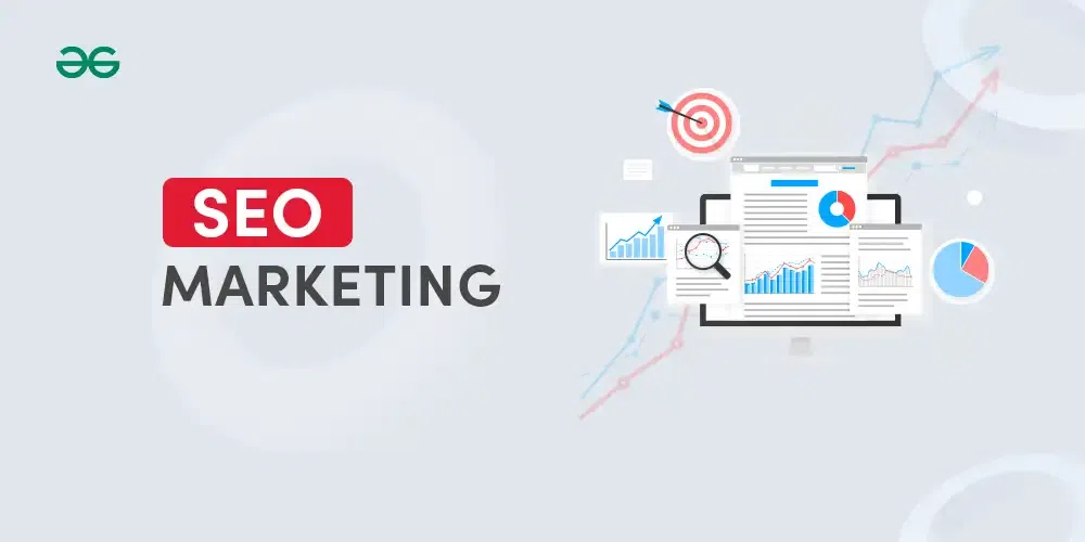 White background with fancy charts and title reading SEO marketing