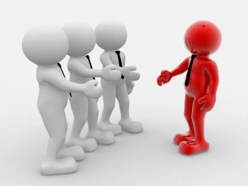 3D illustration of a red figure standing apart from a group of white figures, symbolizing standing out from the competition