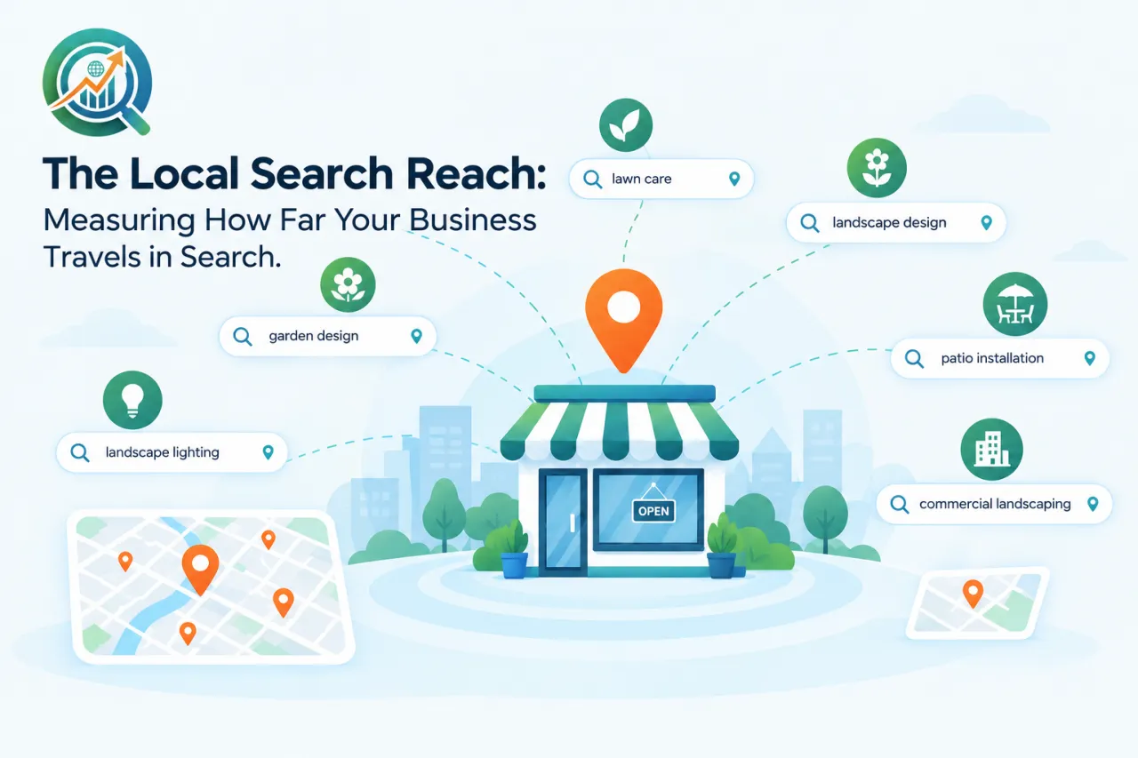 Rankscout infographic illustrating local search reach, showing how a business can appear across multiple local keywords, services, and geographic areas