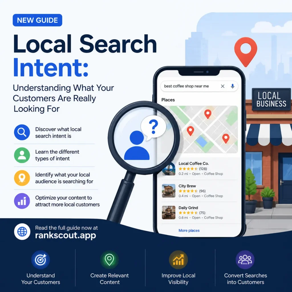 Infographic explaining local search intent, showing how businesses can understand what local customers are searching for, create relevant content, improve local visibility, and attract more customers