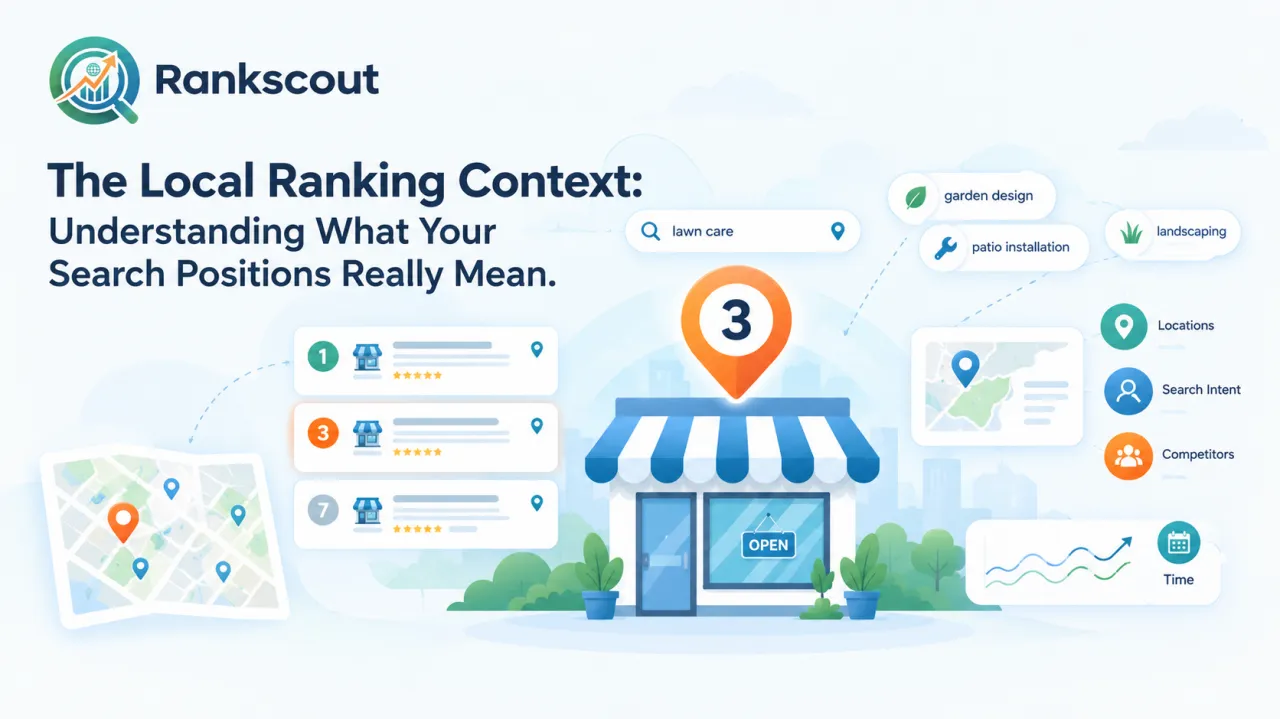 Rankscout infographic explaining local ranking context, showing how search positions are influenced by location, search intent, competitors, keywords, and time.
