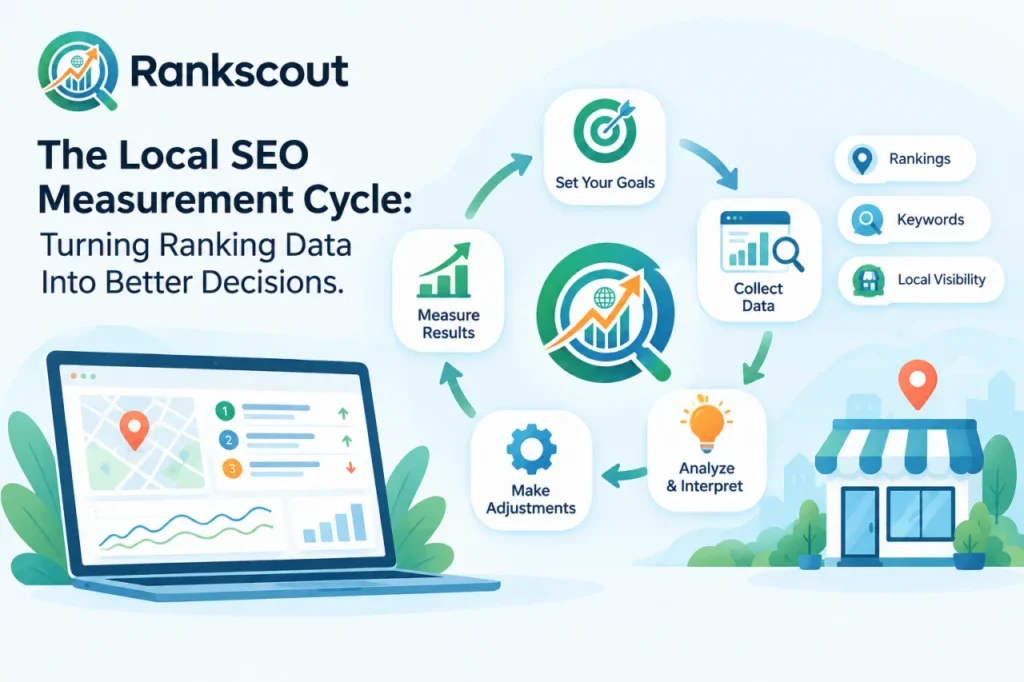 Rankscout infographic illustrating the local SEO measurement cycle: setting goals, collecting ranking data, analyzing results, making adjustments, and measuring performance.