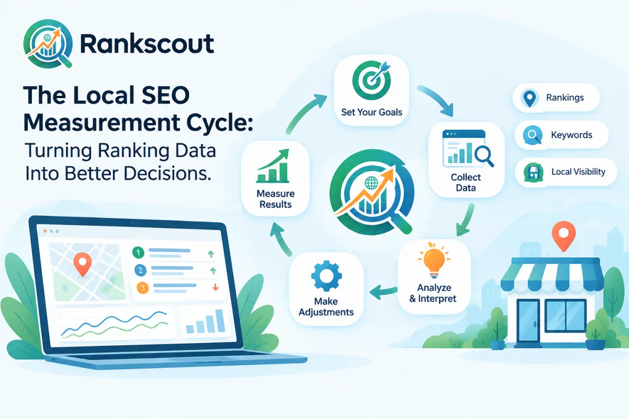 Rankscout infographic illustrating the local SEO measurement cycle: setting goals, collecting ranking data, analyzing results, making adjustments, and measuring performance.